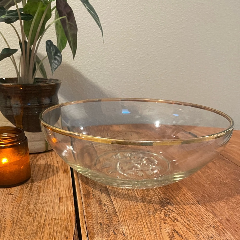 Vintage Jeannette Glass Camellia Pattern Serving Bowl – Gold Trim